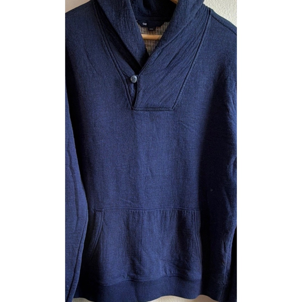 Gap Men's Blue Cotton Knit Pullover Hoodie Pockets Button Closure Size L